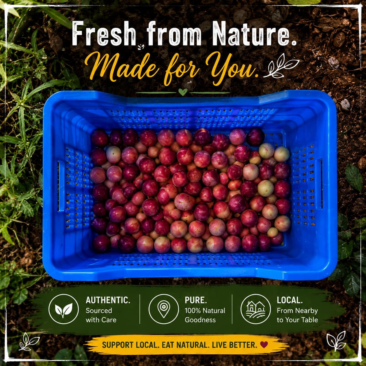Blue crate full of fresh plums